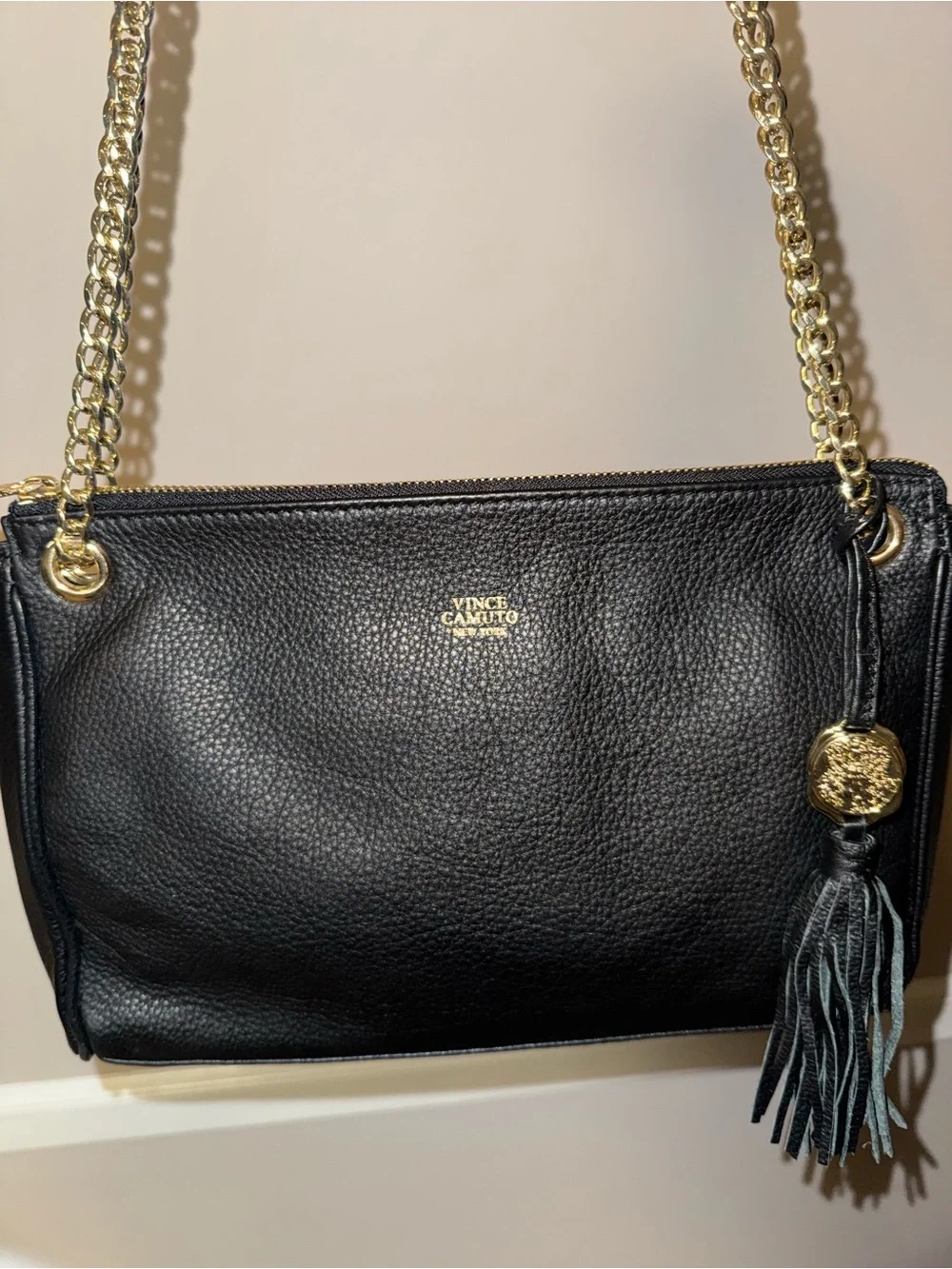 Vince Camuto Black Pebbled Leather Shoulder Bag with Gold Chain